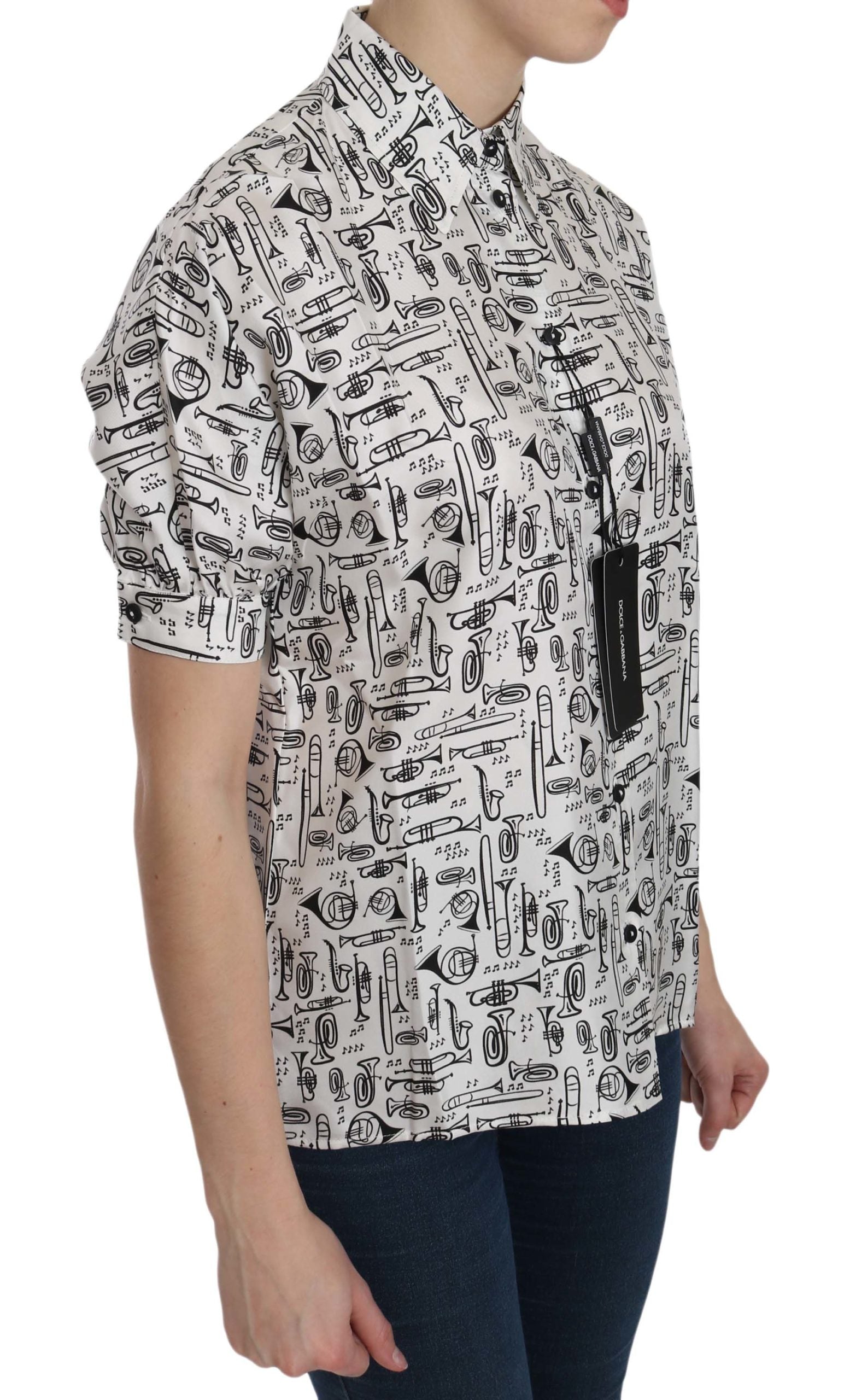 White Musical Instrument Collared Blouse Shirt