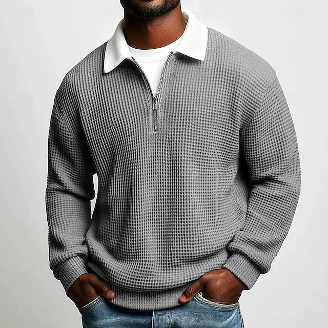 Men's Solid-Color Waffle-Weave Long-Sleeve Lapel Zip-Up Shirt Signvm Project