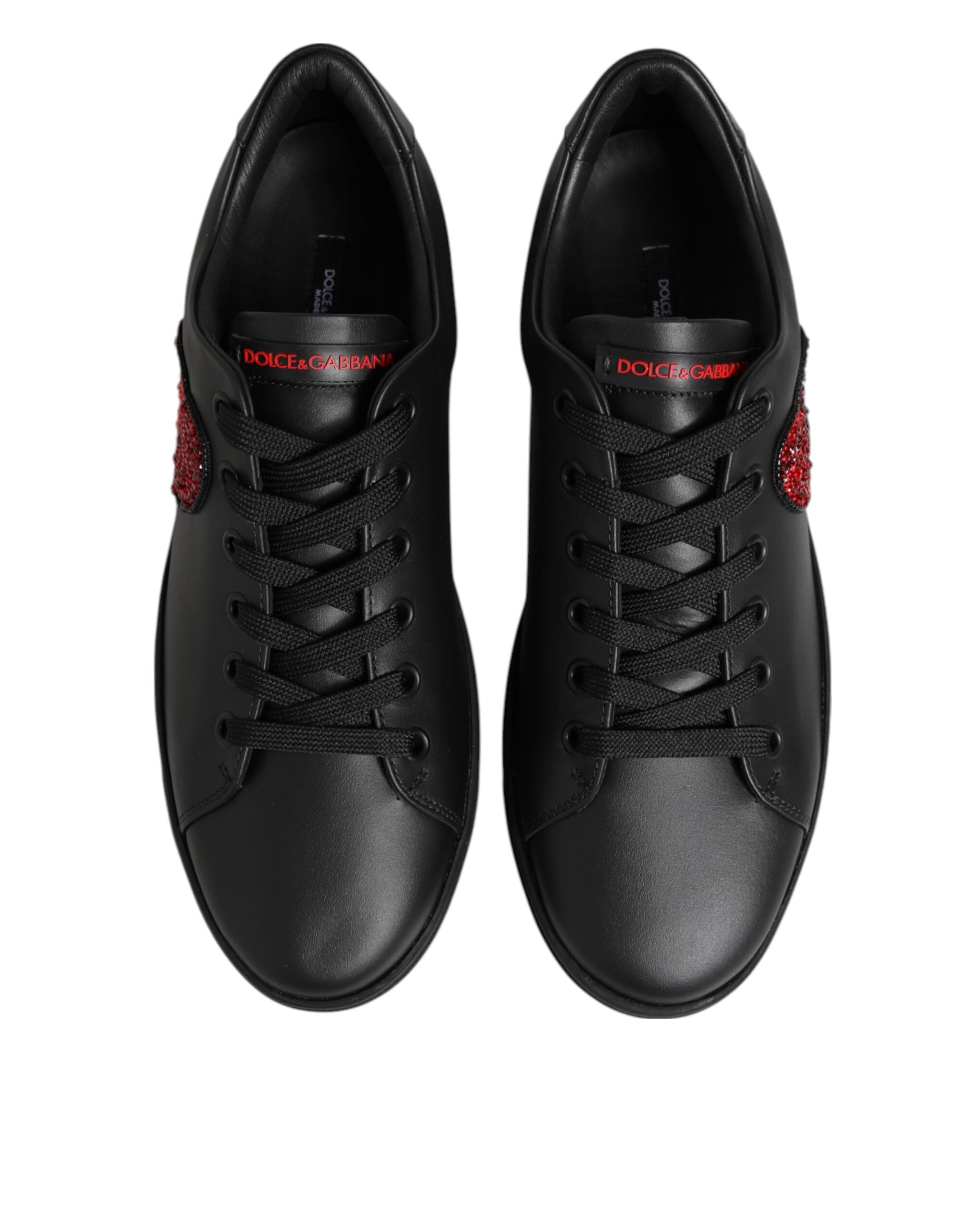 Black Leather Crystal Heart Low Top Sneakers Shoes