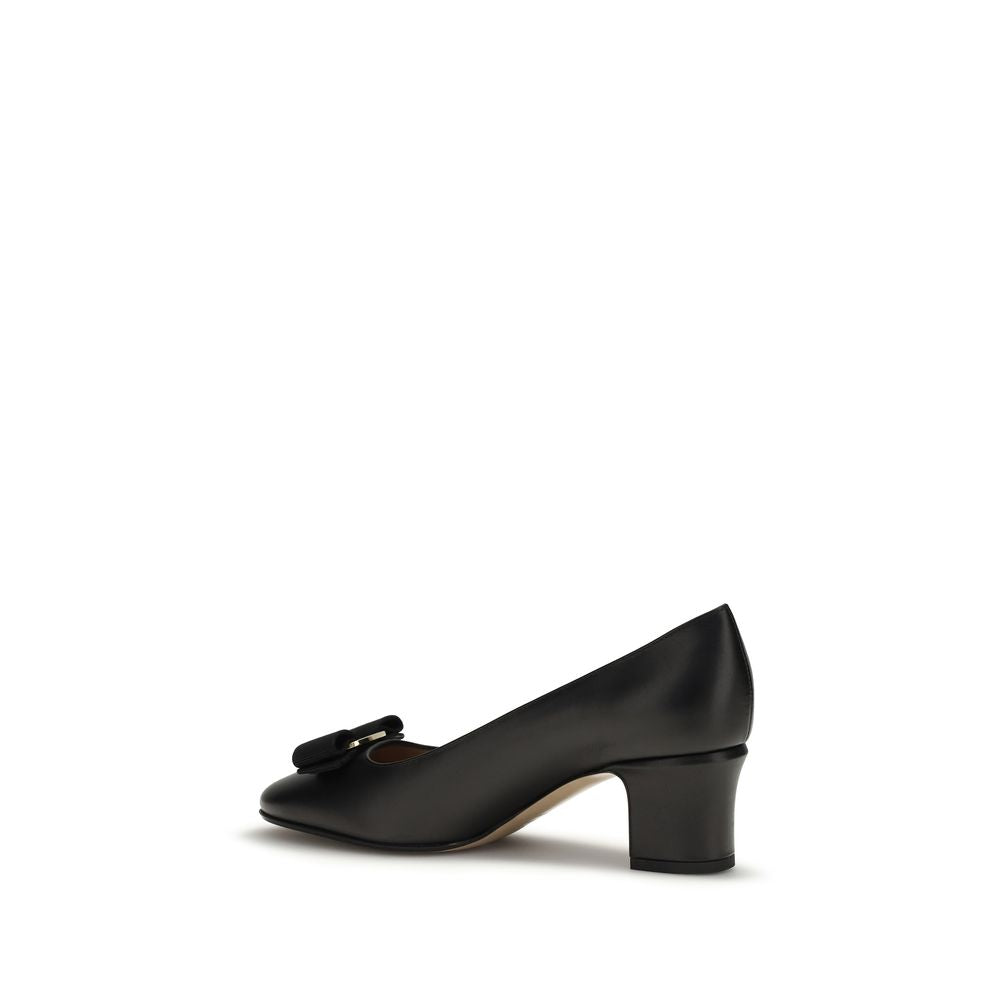 Ferragamo Black Calf Leather Mid Heel Pumps