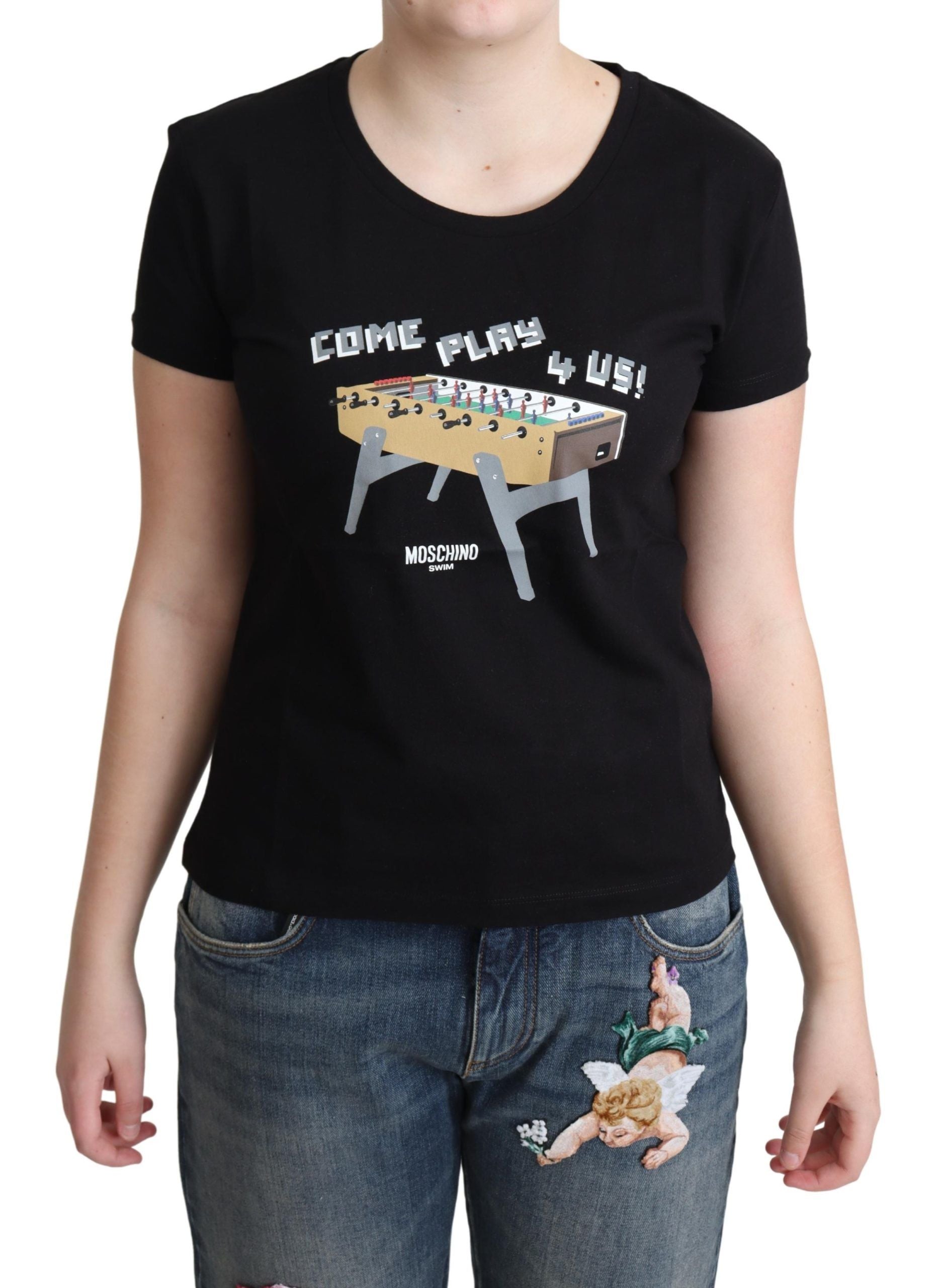 Moschino Black Cotton Come Play 4 Us Print T-shirt