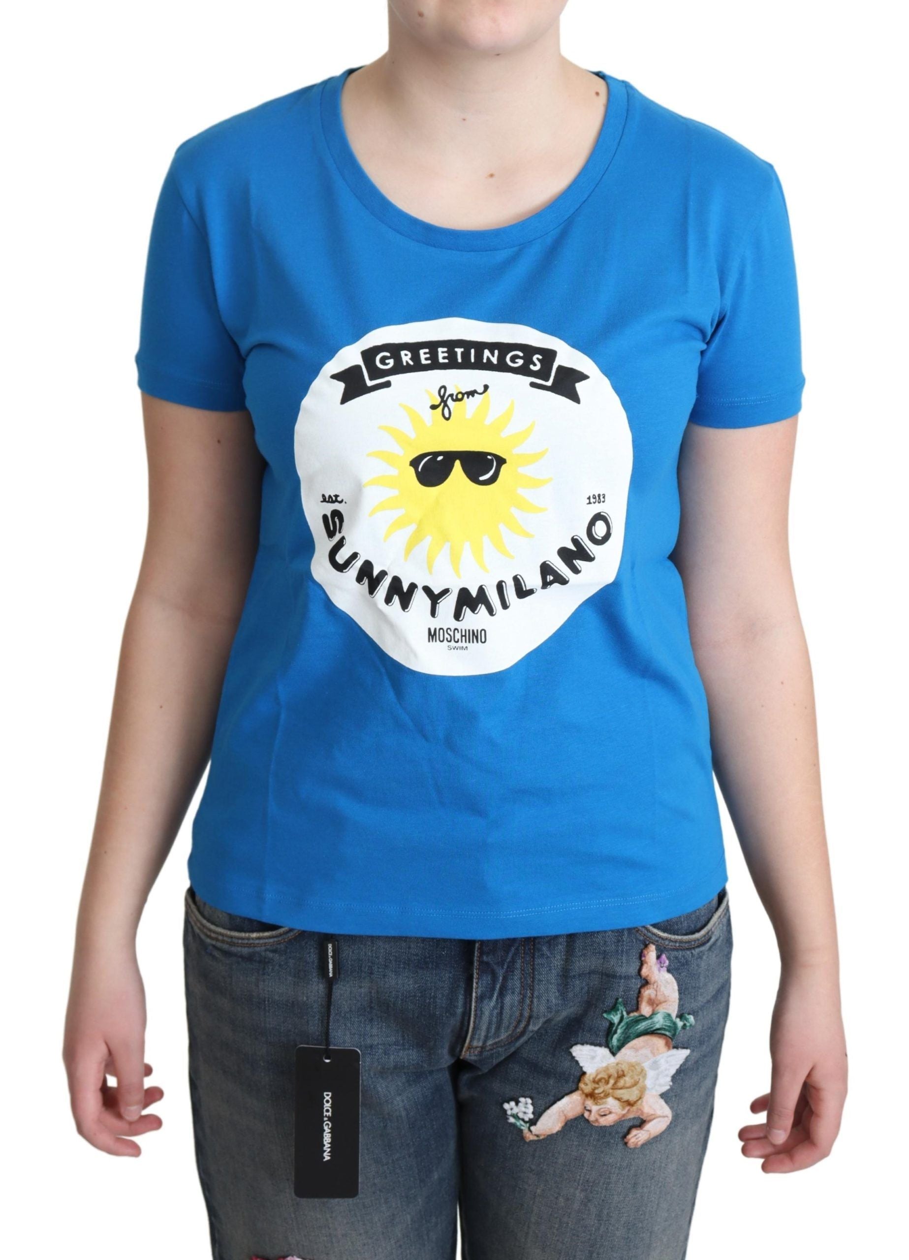 Moschino Blue Cotton Sunny Milano Print T-shirt